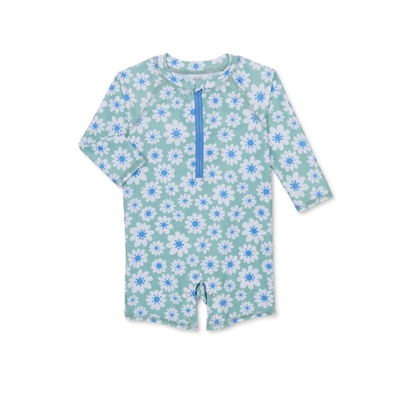 NWT Wonder Nation Baby Girl Daisy Print Rashguard Swimsuit, 1-Piece - Picture 1 of 3